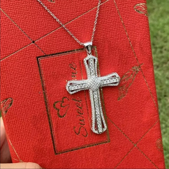 New Men Women 925 Silver Cross Diamond Necklace - Picture 7 of 7